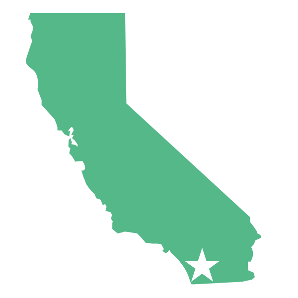 Outline of the state of California with a white star where San Diego is